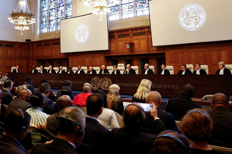 Judges at the International Court of Justice rule on emergency measures against Israel following accusations by South Africa that the Israeli military operation in Gaza is a state-led genocide, in The Hague, Netherlands, Friday.