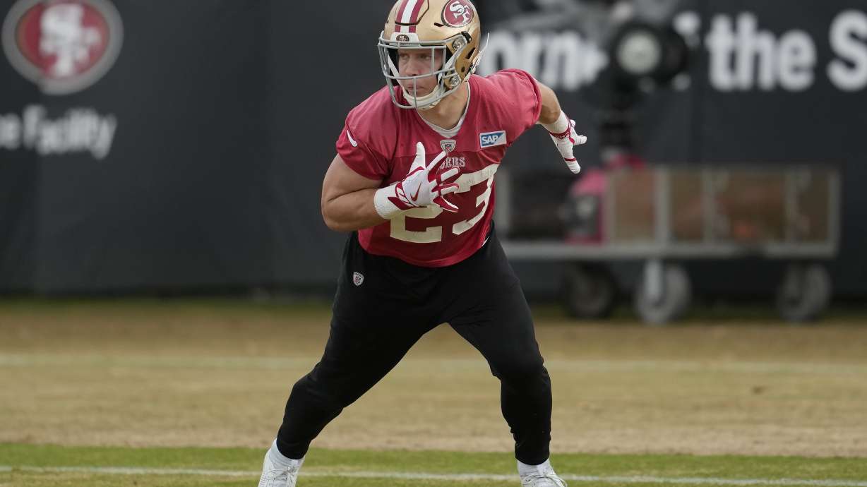 San Francisco 49ers running back Christian McCaffrey (23) runs during NFL football practice in Santa Clara, Calif., Wednesday, Jan. 24, 2024. The 49ers are scheduled to play the Detroit Lions Sunday in the NFC championship game.