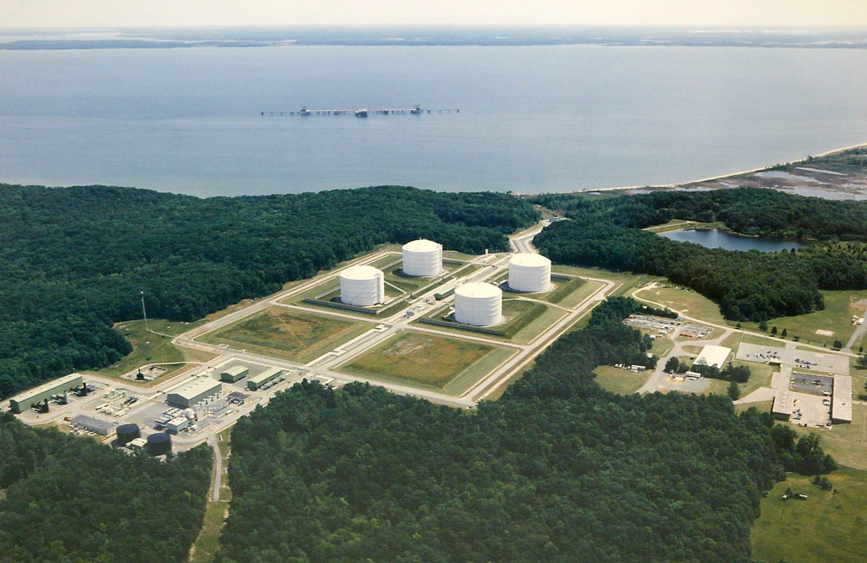 This undated aerial file photo shows the Dominion Liquified Natural Gas facility in Cove Point, Md. President Joe Biden is under pressure from environmental groups about carbon emissions from LNG processing plants.