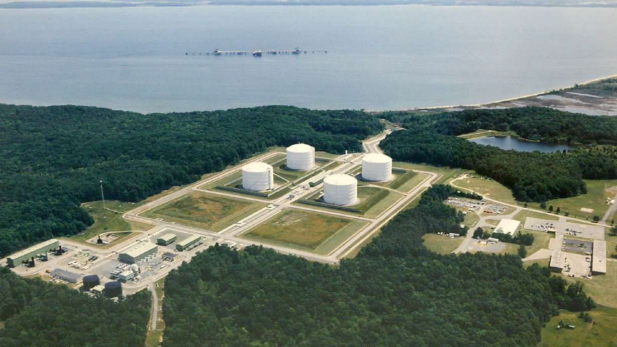 This undated aerial file photo shows the Dominion Liquified Natural Gas facility in Cove Point, Md. President Joe Biden is under pressure from environmental groups about carbon emissions from LNG processing plants.