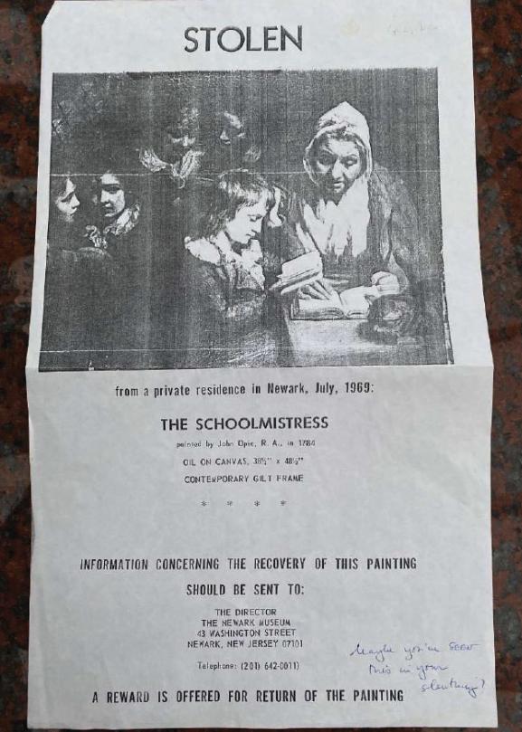 A pamphlet from the late Vivian John Hendra's archives, displaying a reward for the John Opie painting stolen in 1969.