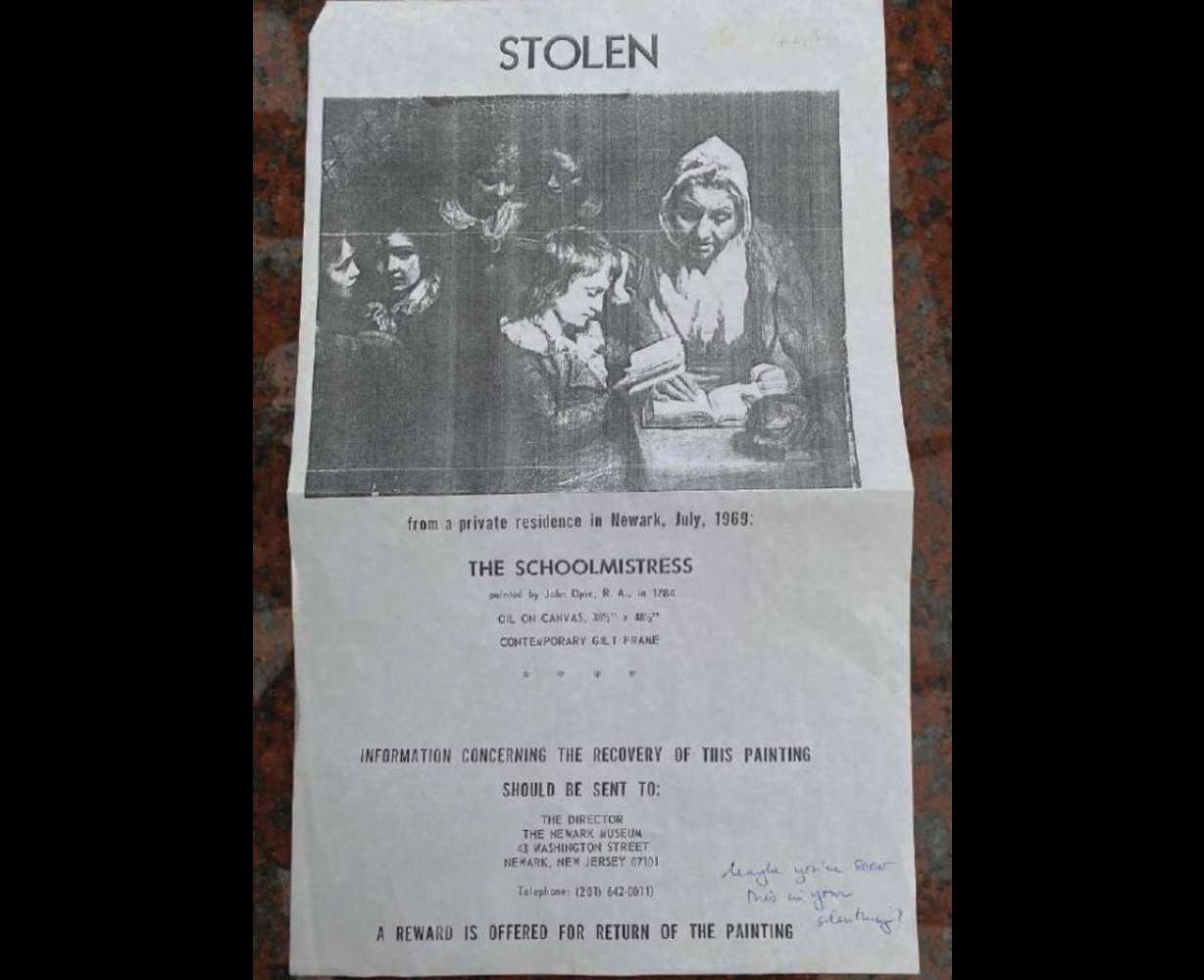 A pamphlet from the late Vivian John Hendra's archives, displaying a reward for the John Opie painting stolen in 1969.