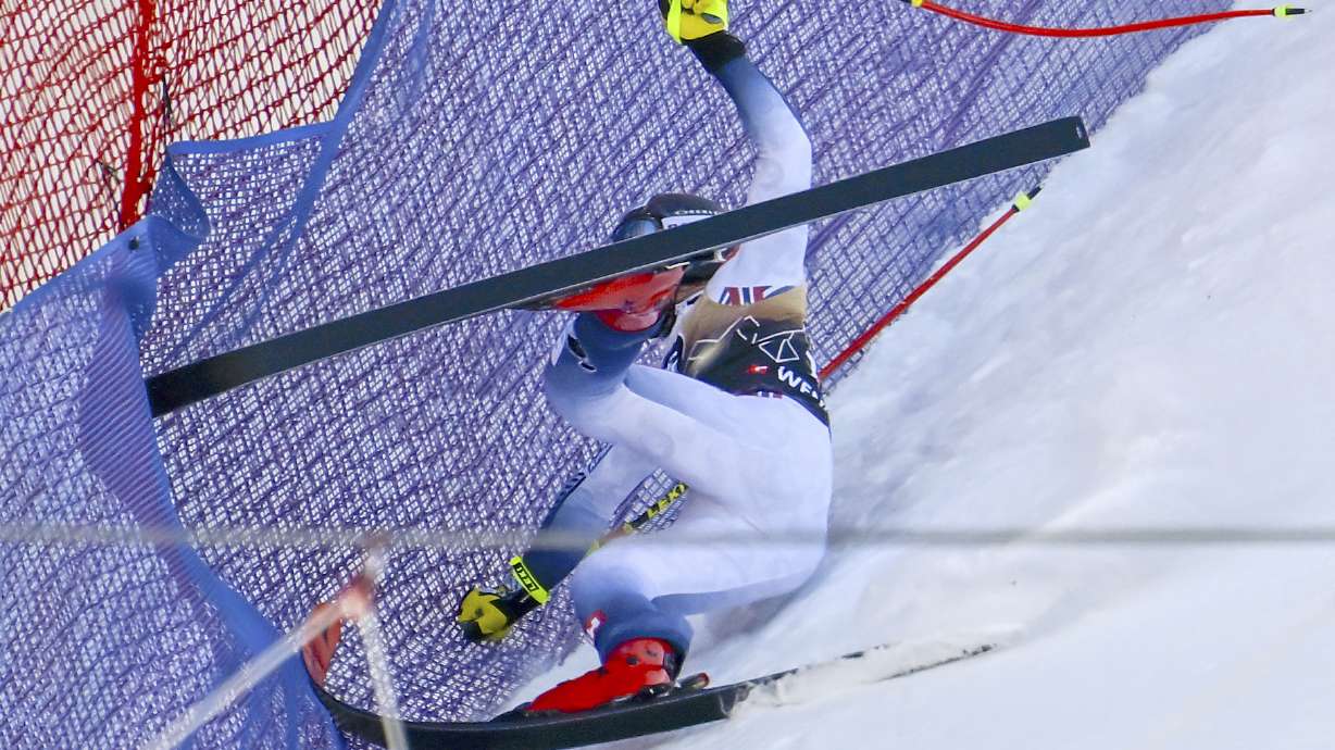 Norway's Aleksander Aamodt Kilde falls during an alpine ski, men's World Cup downhill race, in Wengen, Switzerland, Saturday, Jan. 13, 2024.