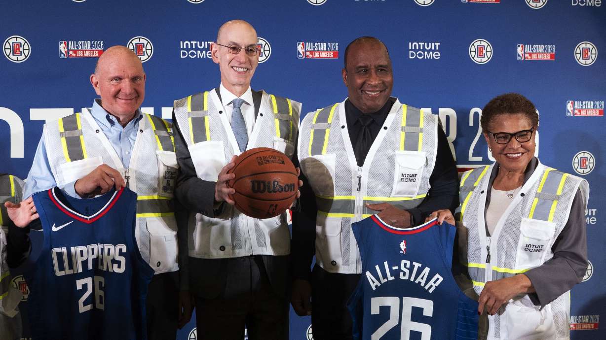 Los Angeles Clippers owner Steve Ballmer, left to right, NBA Commissioner Adam Silver, Inglewood Mayor James Butts and Los Angeles Mayor Karen Bass pose for a photo at the Intuit Dome in Inglewood, Calif., Tuesday, Jan. 16, 2024. The NBA has awarded the 2026 All-Star Game to the Los Angeles Clippers' new arena, which is set to open in time for the 2024-25 season.