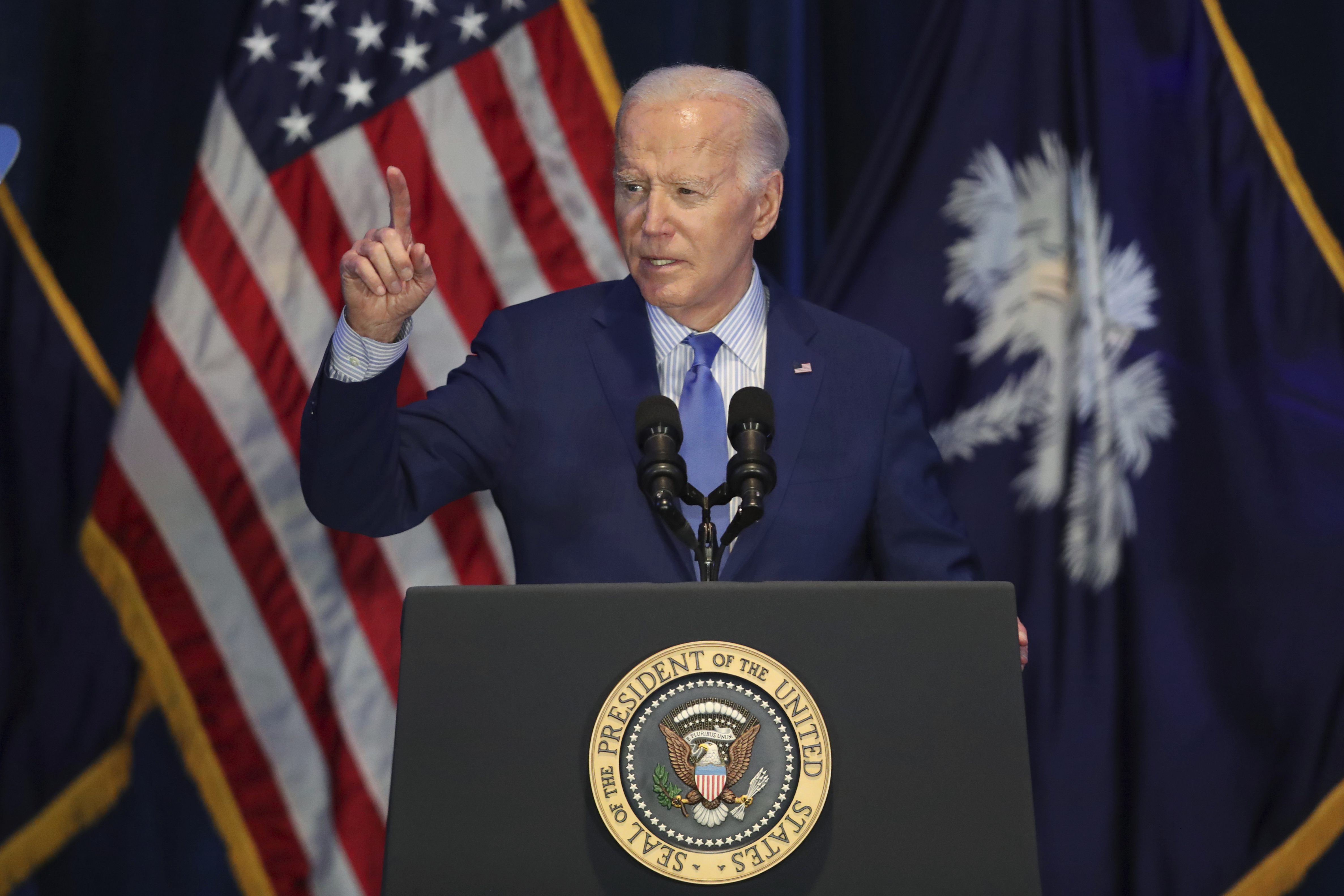President Joe Biden speaks at the First in the Nation Celebration held by the South Carolina Democratic Party at the State Fairgrounds, Saturday, in Columbia, S.C. Biden said at a political event in South Carolina that he would shut down the border '"right now" if Congress passed the proposed deal. 