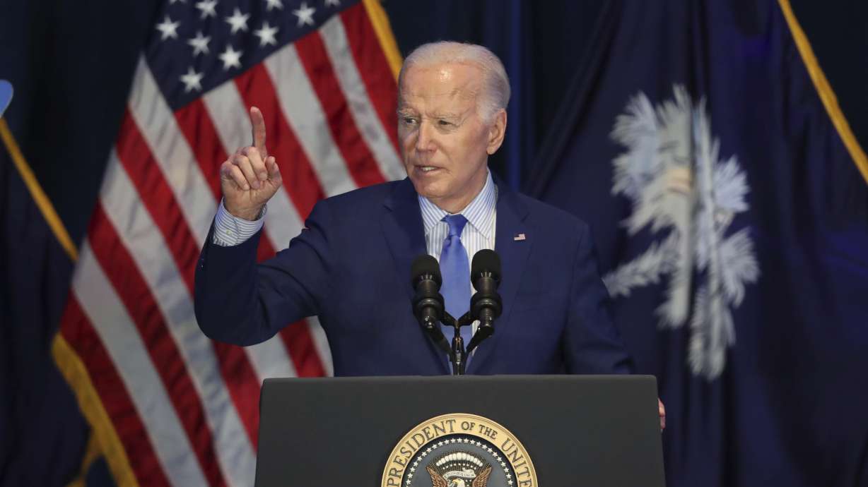President Joe Biden speaks at the First in the Nation Celebration held by the South Carolina Democratic Party at the State Fairgrounds, Saturday, in Columbia, S.C. Biden said at a political event in South Carolina that he would shut down the border '"right now" if Congress passed the proposed deal.