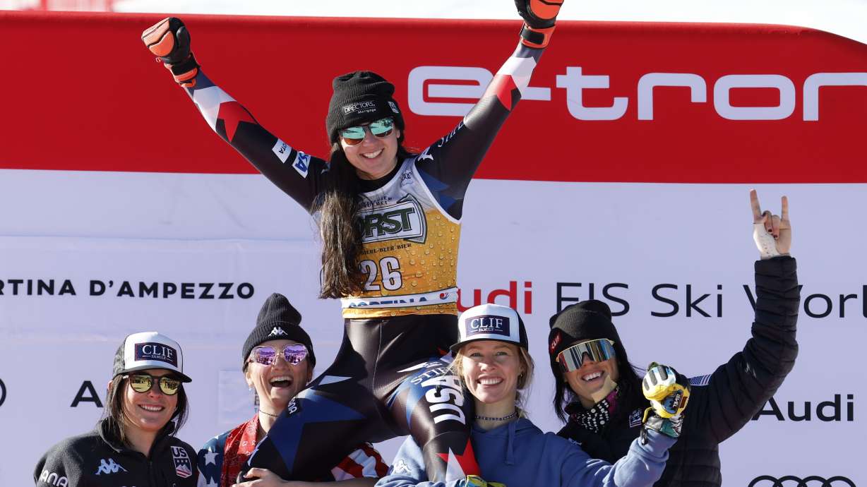 Second placed United States' Jacqueline Wiles celebrates after an alpine ski, women's World Cup downhill race, in Cortina d'Ampezzo, Italy, Saturday, Jan. 27, 2024.