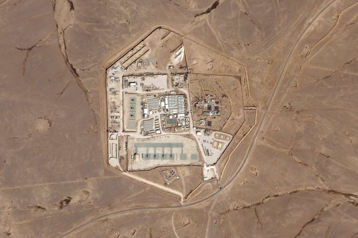 This satellite photo from Planet Labs PBC shows a military base known as Tower 22 in northeastern Jordan on Oct. 12, 2023. Three American troops were killed and at least 34 were wounded Sunday in a drone strike in northeast Jordan near the Syrian border.