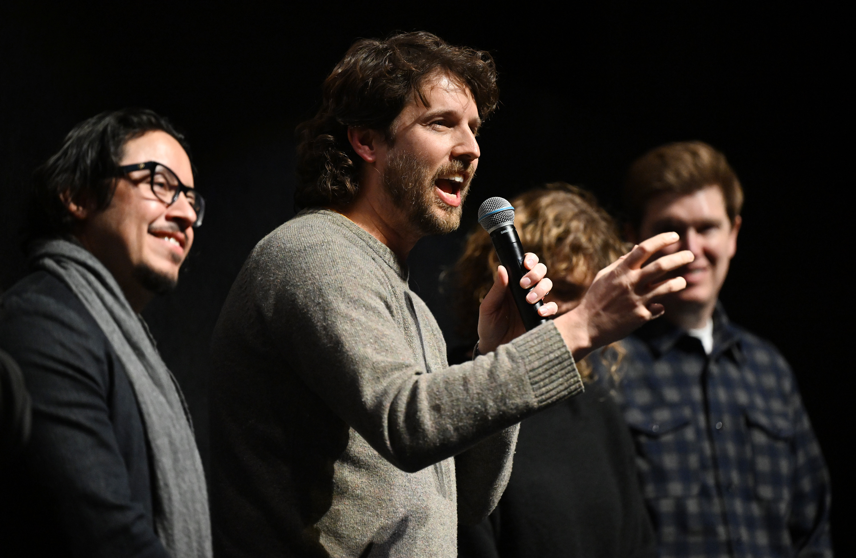 Jon Heder (Napoleon Dynamite) answers a question as he and Efren Ramirez (Pedro) and other cast and crew members take questions after the screening of "Napoleon Dynamite" at Sundance in Park City at the Ray Theatre on Wednesday.