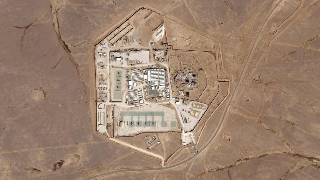 This satellite photo from Planet Labs PBC shows a military base known as Tower 22 in northeastern Jordan, on Oct. 12, 2023. Three American troops were killed and "many" were wounded Sunday in a drone strike in northeast Jordan.