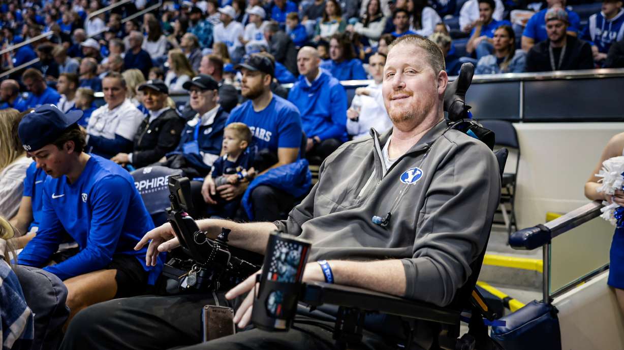 Former BYU star Shawn Bradley was honored during BYU's 84-72 win over Texas at the Marriott Center, Saturday, Jan. 27, 2024.