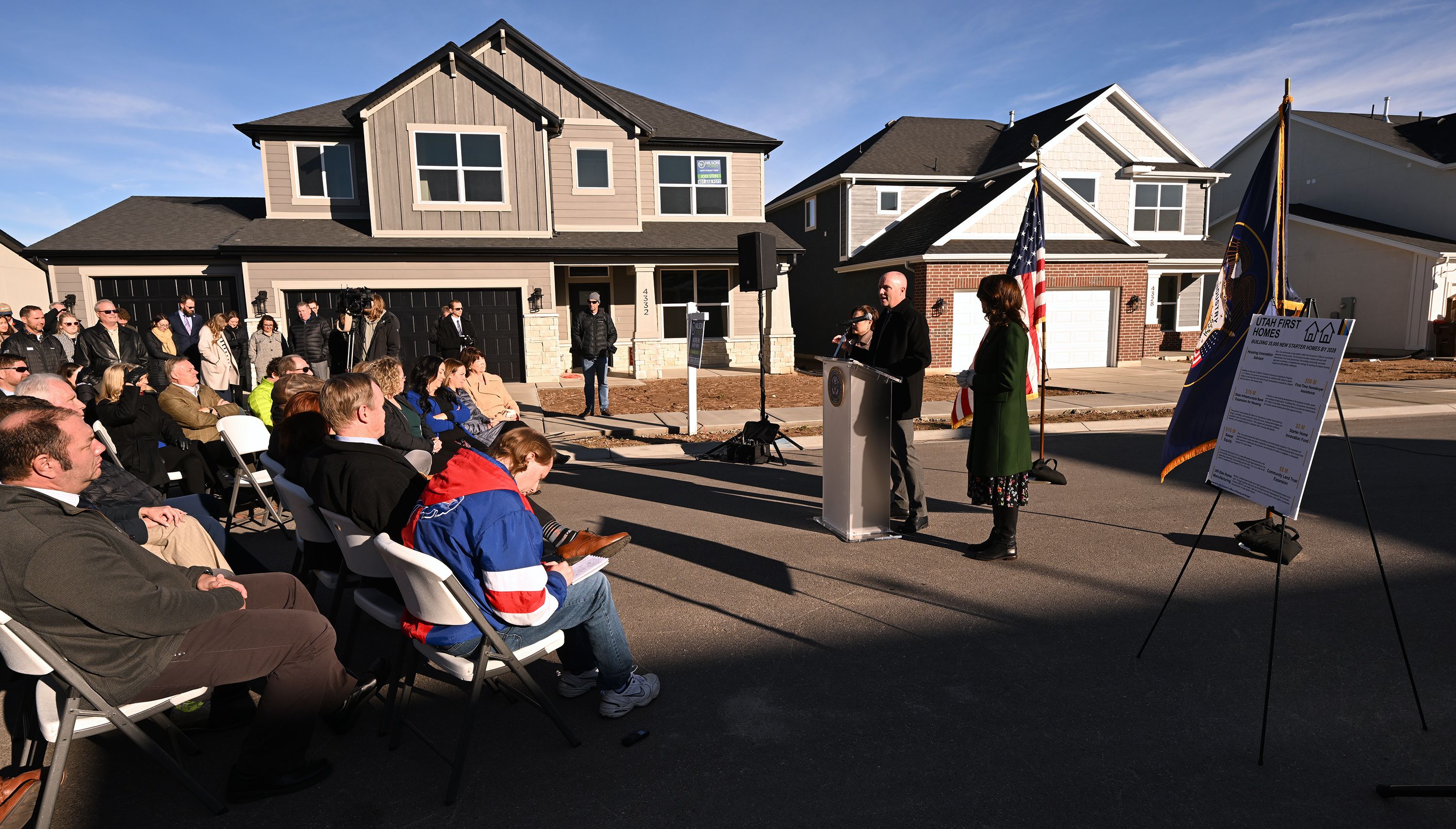 Gov. Spencer Cox and Lt. Gov. Deidre Henderson announce their state budget proposal at a press conference in West Haven on Dec. 5, 2023.