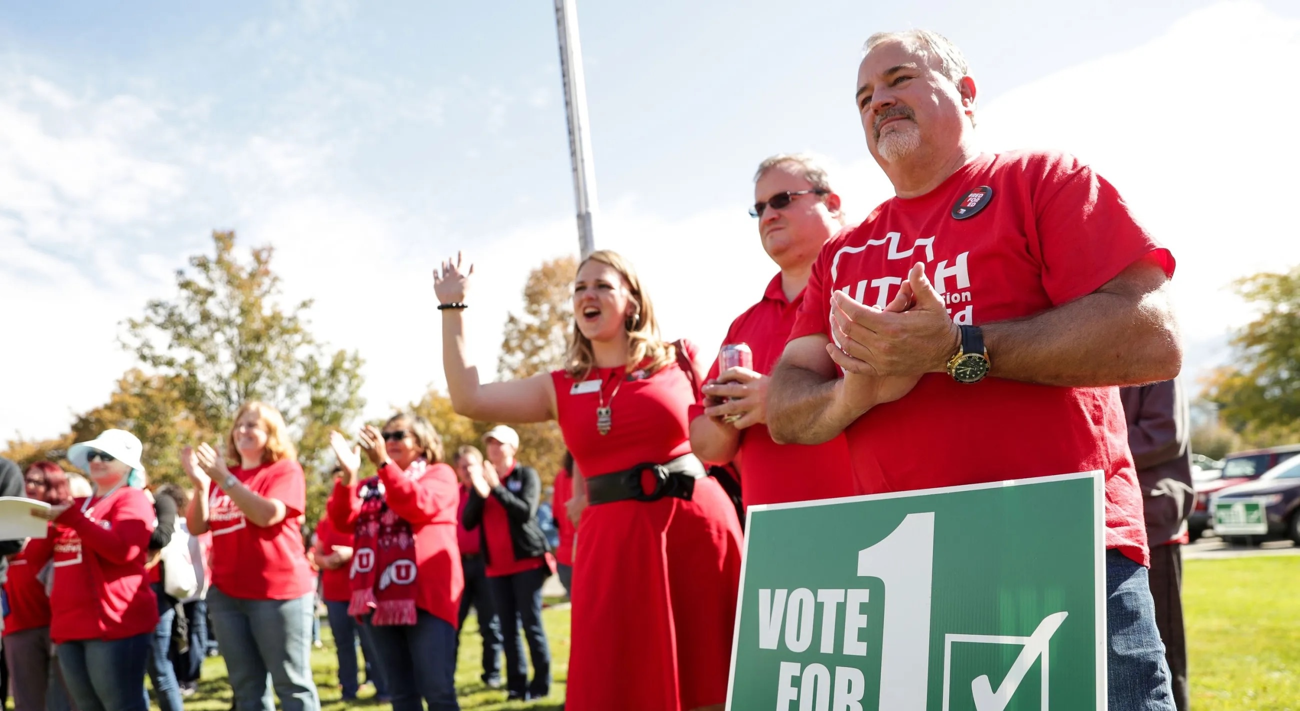 Roger Donohoe, with others, act in support of education legislation in Murray on Oct. 13, 2018. Payroll deduction of teachers' and public employees' union dues could continue under legislation approved by a House committee Friday. 