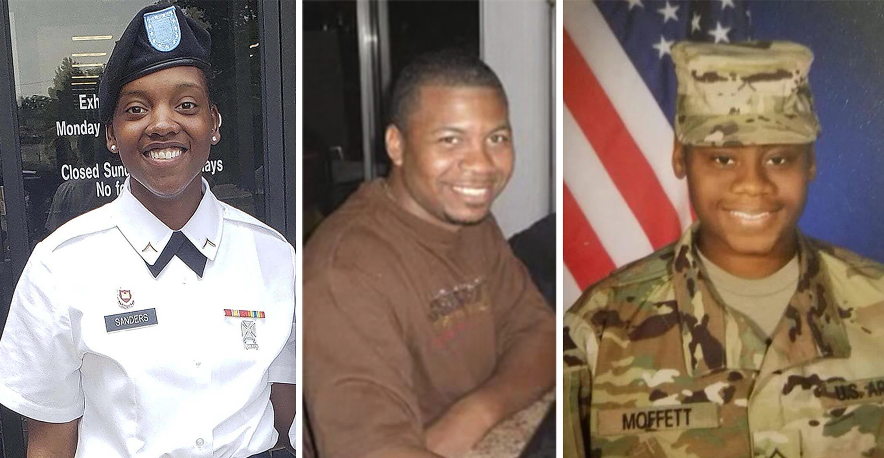 This combination of photos provided by Shawn Sanders, left, and the U.S. Army, center and right, show from left to right, Spc. Kennedy Sanders, Sgt. William Jerome Rivers and Spc. Breonna Alexsondria Moffett. The three U.S. Army Reserve soldiers from Georgia were killed by a drone strike Sunday, on their base in Jordan near the Syrian border.