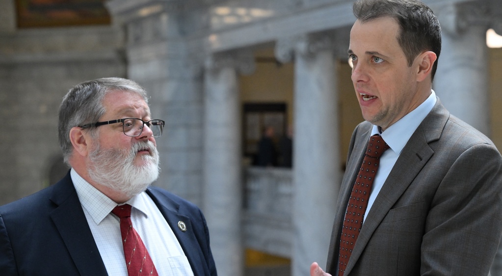 Rep. Colin Jack, R-St. George, and Rep. Bridger Bolinder, R-Grantsville, answer questions about the environmental stewardship caucus prior to floor time in the House at the Capitol in Salt Lake City on Monday.