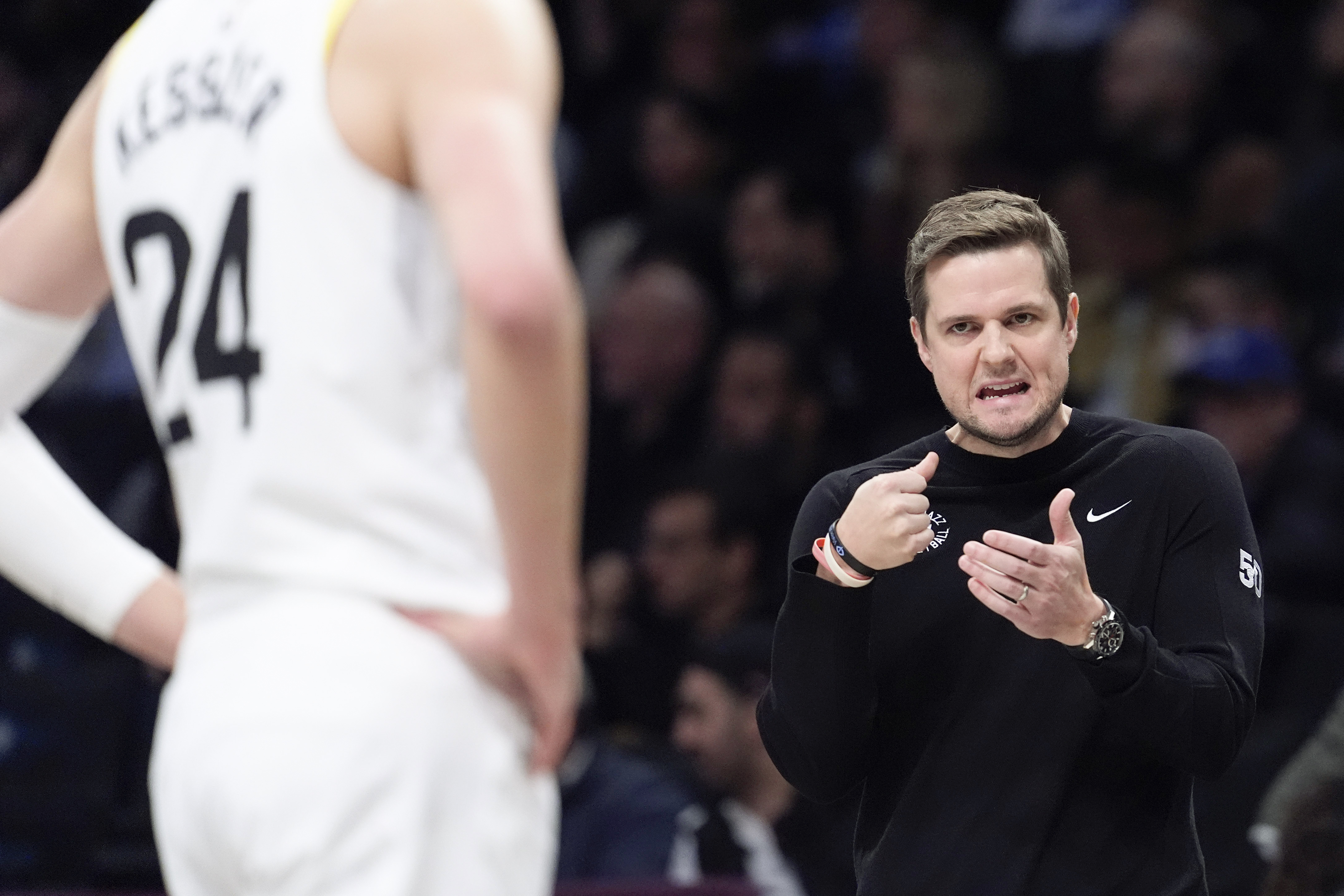Utah Jazz head coach Will Hardy talks to center Walker Kessler (24) during the first half of an NBA basketball game against the Brooklyn Nets, Monday, Jan. 29, 2024, in New York. 