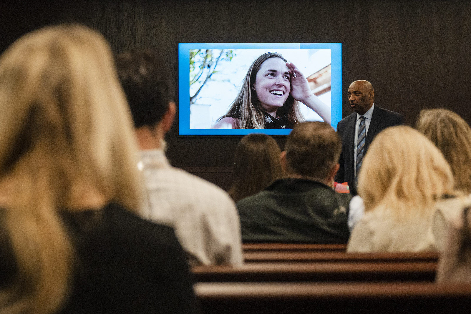 FILE - Anna Moriah Wilson's photo is displayed on the screen as state attorney Rickey Jones addresses the jury during the sentencing portion of Kaitlin Armstrong's murder trial, Nov. 17, 2023, at the Blackwell-Thurman Criminal Justice Center in Austin, Texas. Federal investigators say a local want ad for a yoga instructor in Costa Rica helped them capture Armstrong, the woman who killed rising pro cyclist Wilson in 2022.