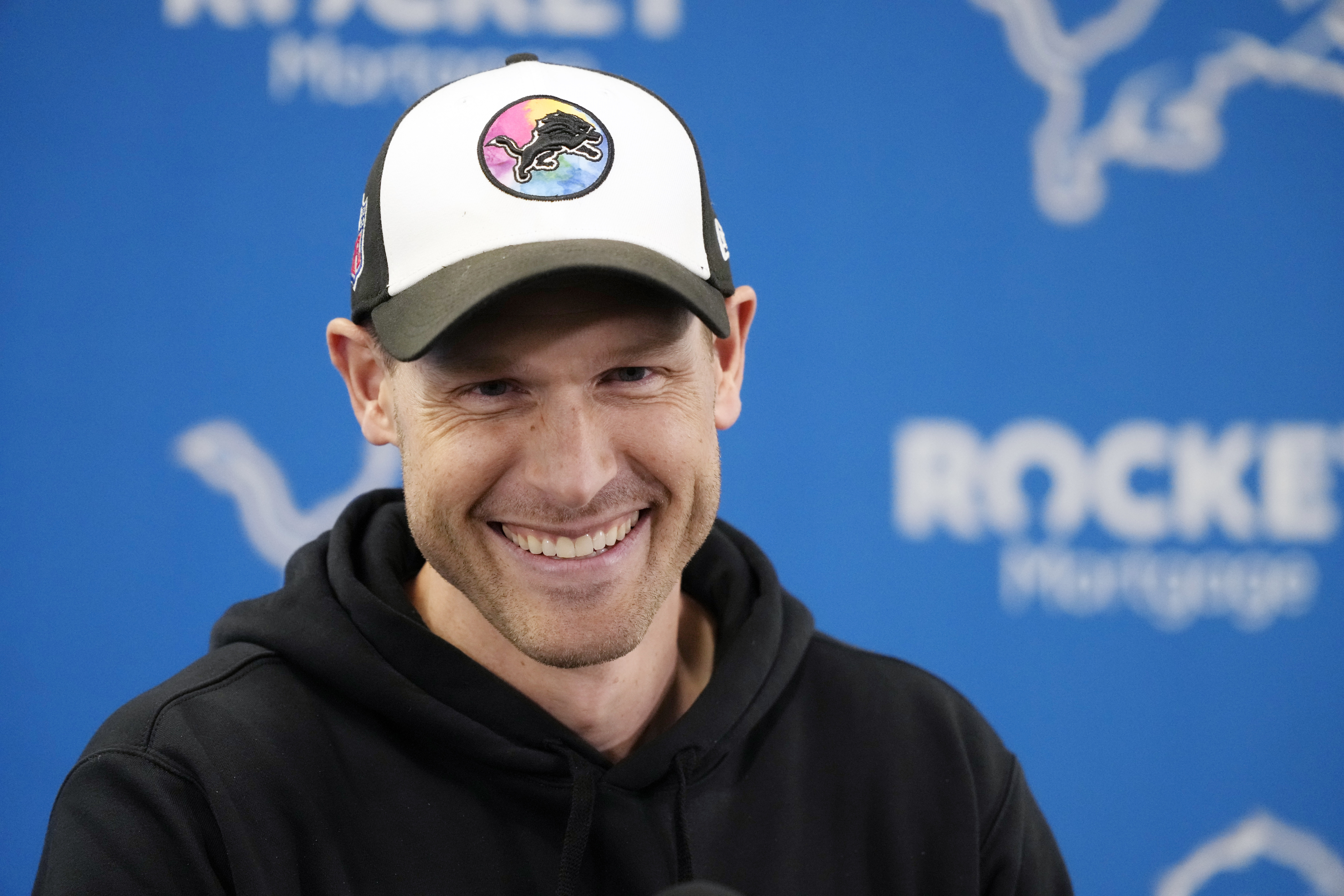 Detroit Lions offensive coordinator Ben Johnson addresses the media at the NFL football team's training facility, Thursday, Jan. 11, 2024, in Allen Park, Mich. 