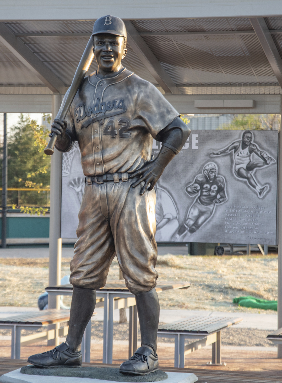 In this photo provided by Mel Gregory, a statue of baseball legend Jackie Robinson is seen Sunday, April 18, 2021, in Wichita, Kan. The bronze statue was cut down and stolen from this spot in a public park on Thursday, Jan. 25, 2024. 