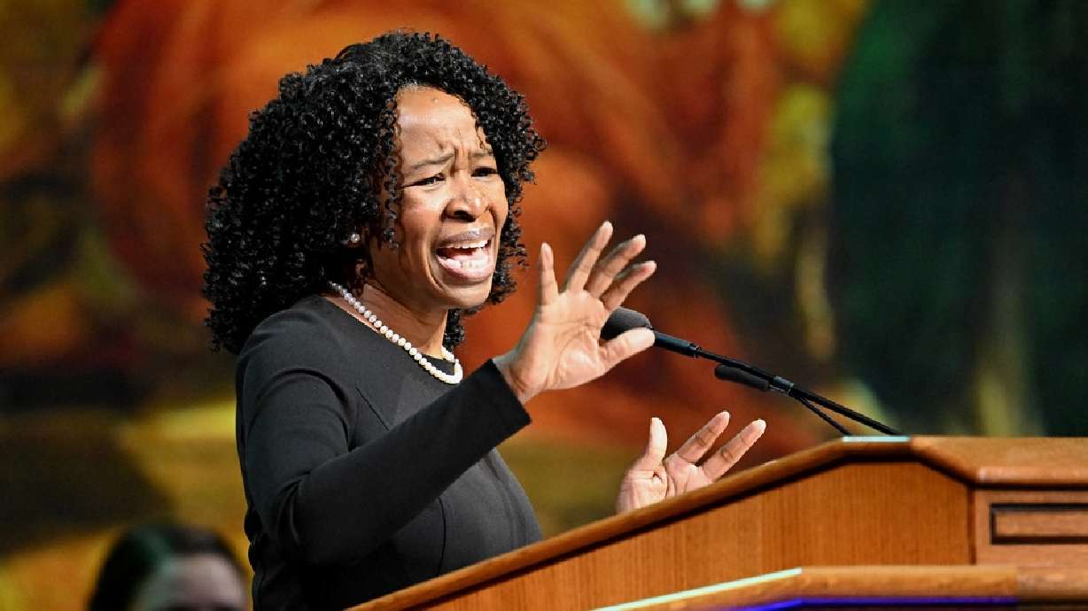Ruth L. Okediji, a Harvard law professor and renowned scholar in international intellectual property law, speaks at the BYU Forum at the Marriott Center in Provo on Tuesday.