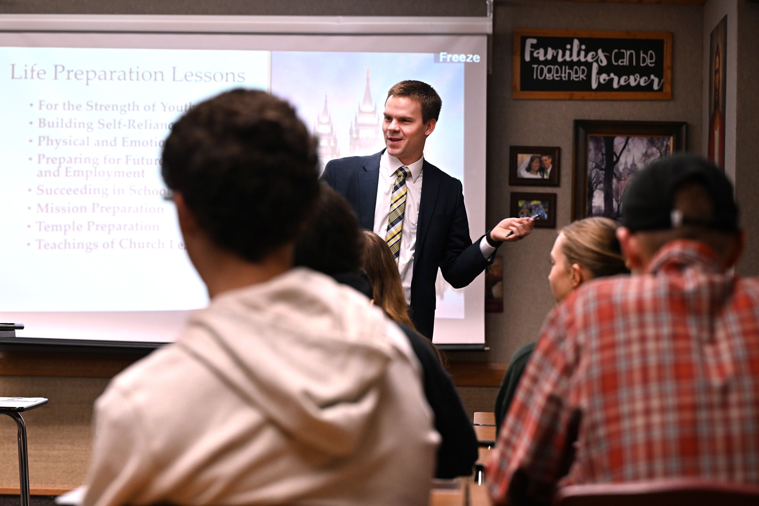 Salt Lake Highland Seminary Principal Andy Shepherd talks with his seminary class in Salt Lake City on Jan. 26. The Church of Jesus Christ of Latter-day Saints has announced it will add new life preparation lessons to the seminary curriculum.