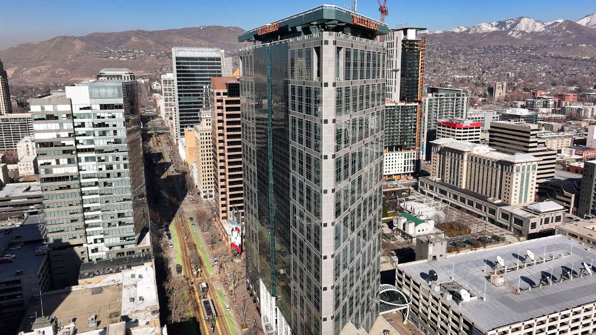 Salt Lake City’s downtown skyline by Main Steet on Tuesday. Salt Lake City Mayor Erin Mendenhall delivered her State of the City address Tuesday evening.