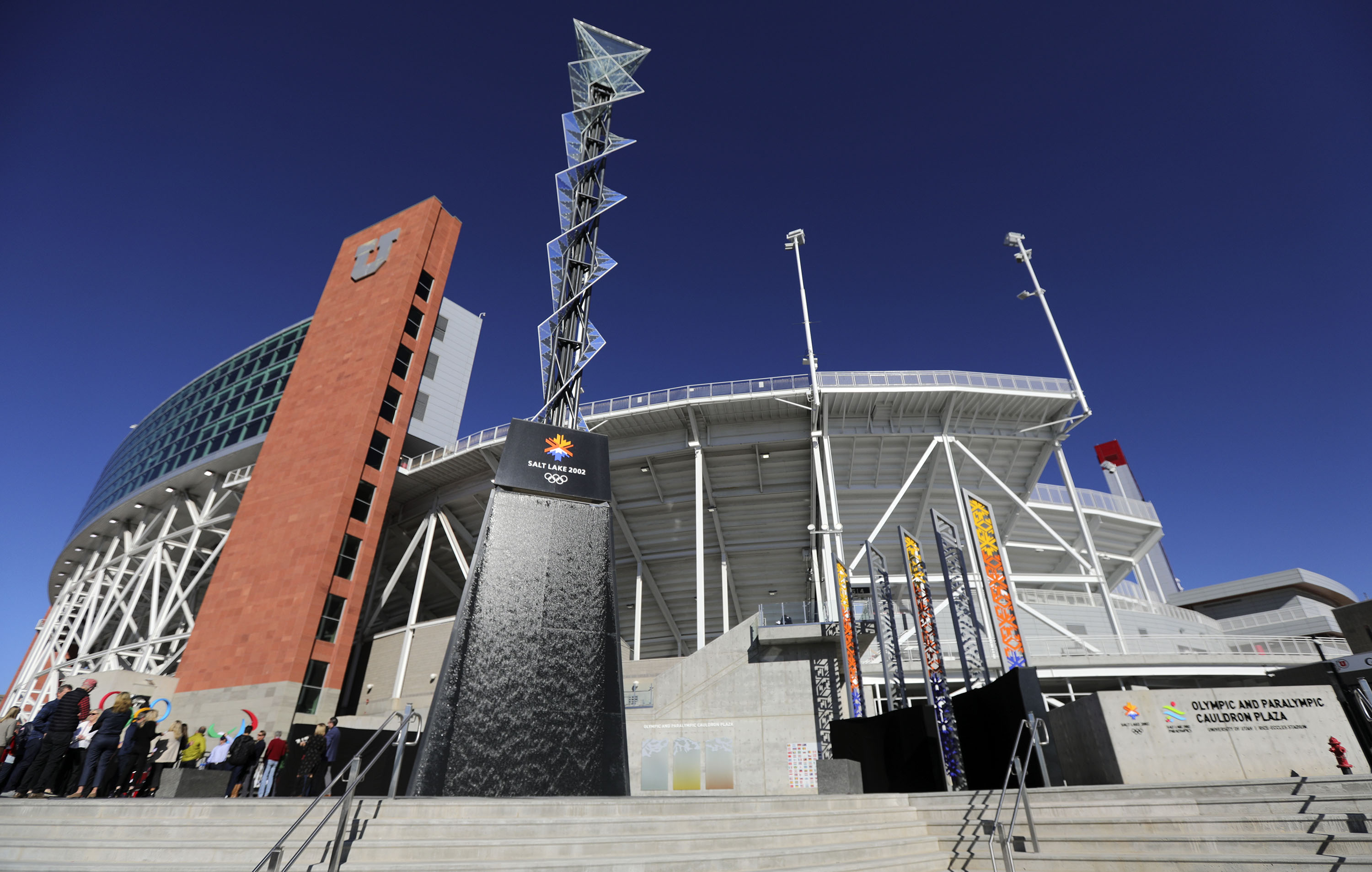 The University of Utah 2002 Olympic and Paralympic Cauldron Plaza is pictured during an unveiling ceremony at Rice-Eccles Stadium in Salt Lake City on Friday, Oct. 29, 2021.