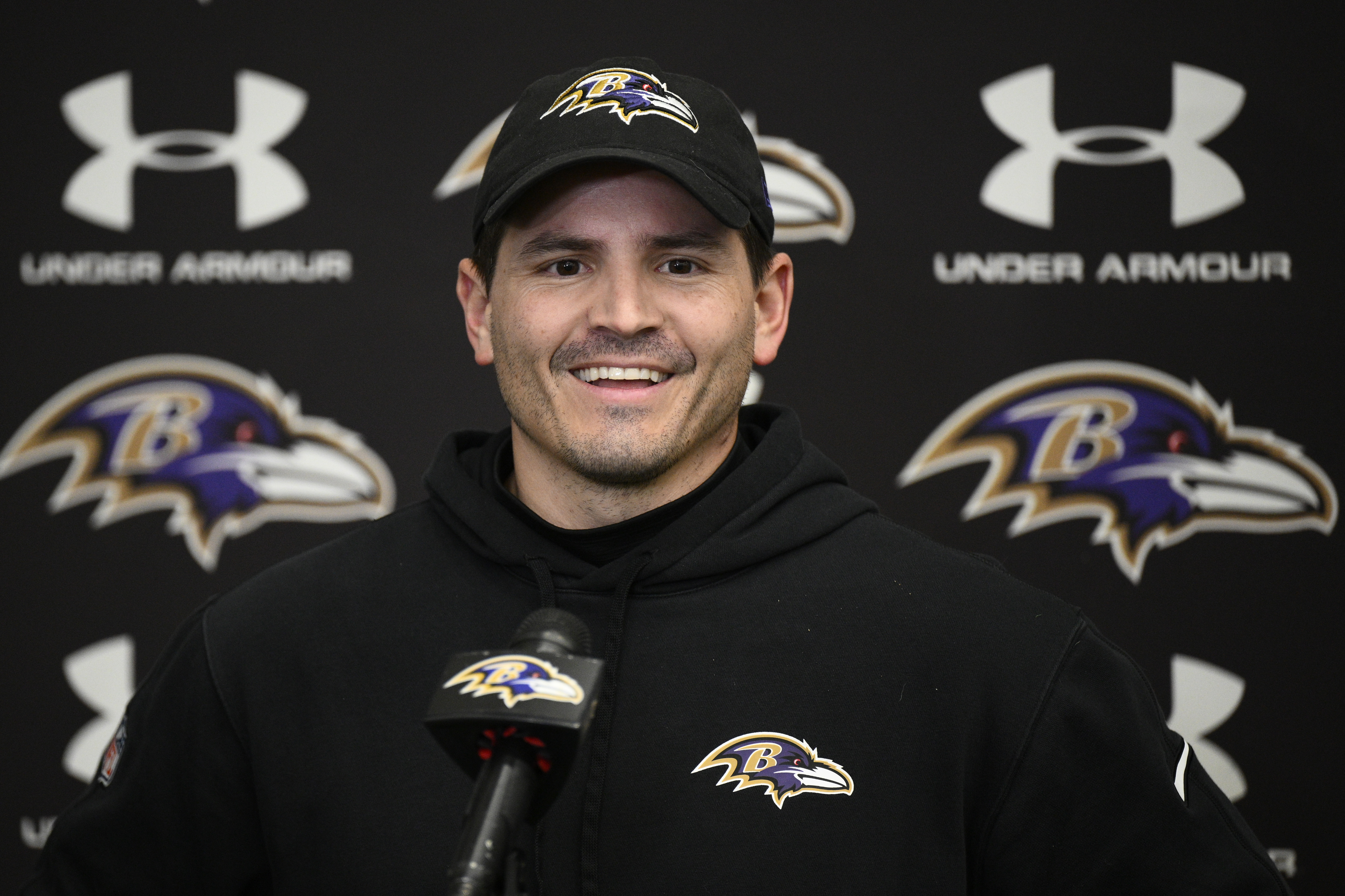 Baltimore Ravens defensive coordinator Mike Macdonald talks to the media during an NFL football media availability, Thursday, Jan. 25, 2024, in Owings Mills, Md. 