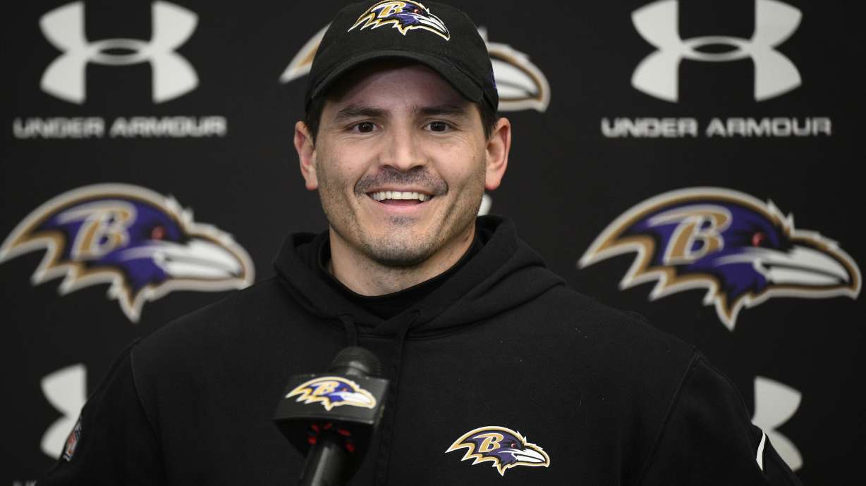 Baltimore Ravens defensive coordinator Mike Macdonald talks to the media during an NFL football media availability, Thursday, Jan. 25, 2024, in Owings Mills, Md.