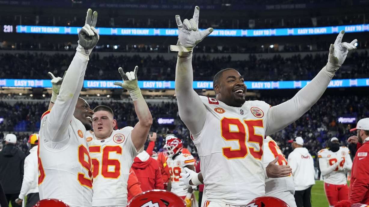 Kansas City Chiefs defensive tackle Chris Jones (95) celebrates winning the AFC Championship NFL football game against the Baltimore Ravens, Sunday, Jan. 28, 2024, in Baltimore.