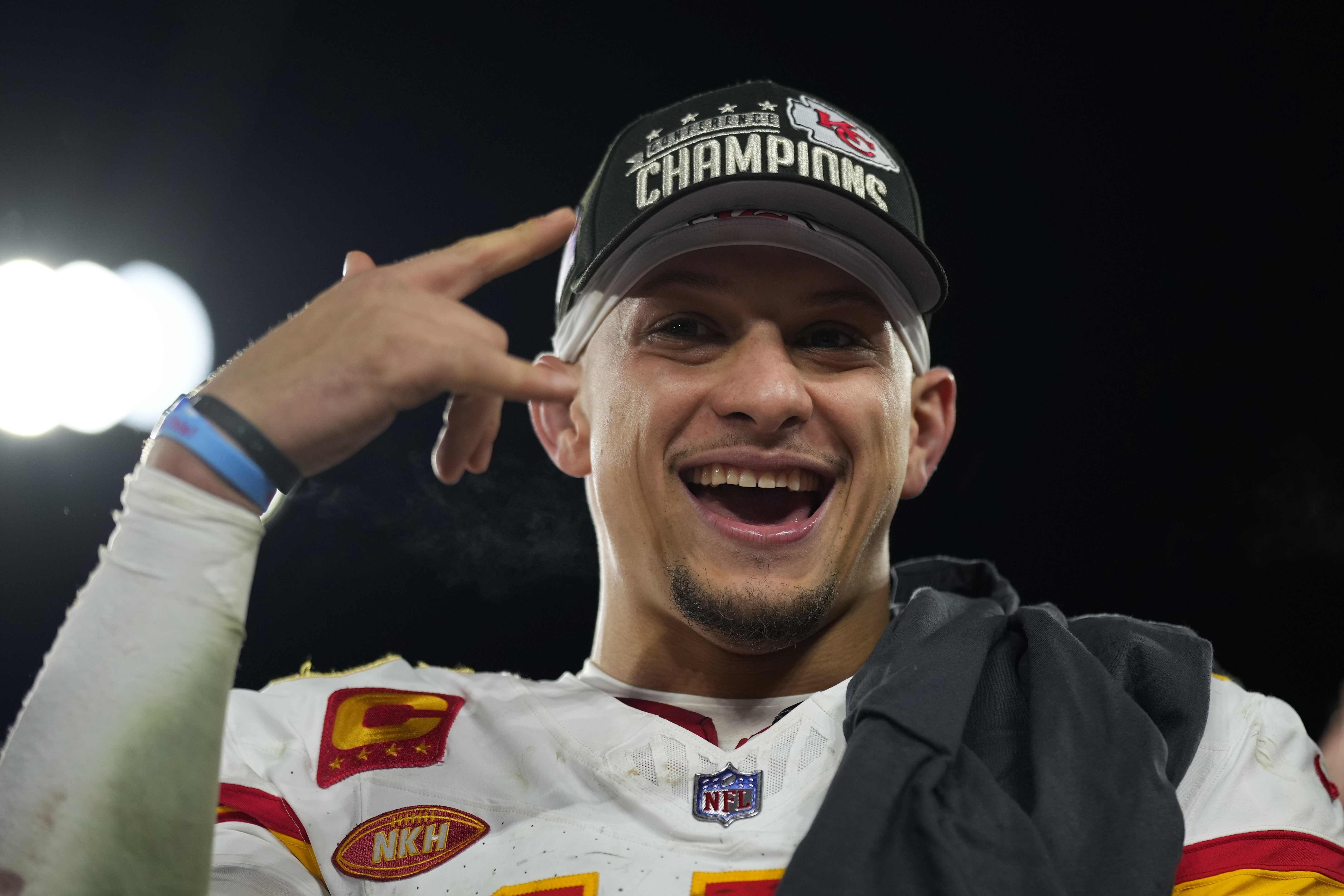 Kansas City Chiefs quarterback Patrick Mahomes (15) celebrates after the AFC Championship NFL football game against the Baltimore Ravens, Sunday, Jan. 28, 2024, in Baltimore. The Chiefs won 17-10. 