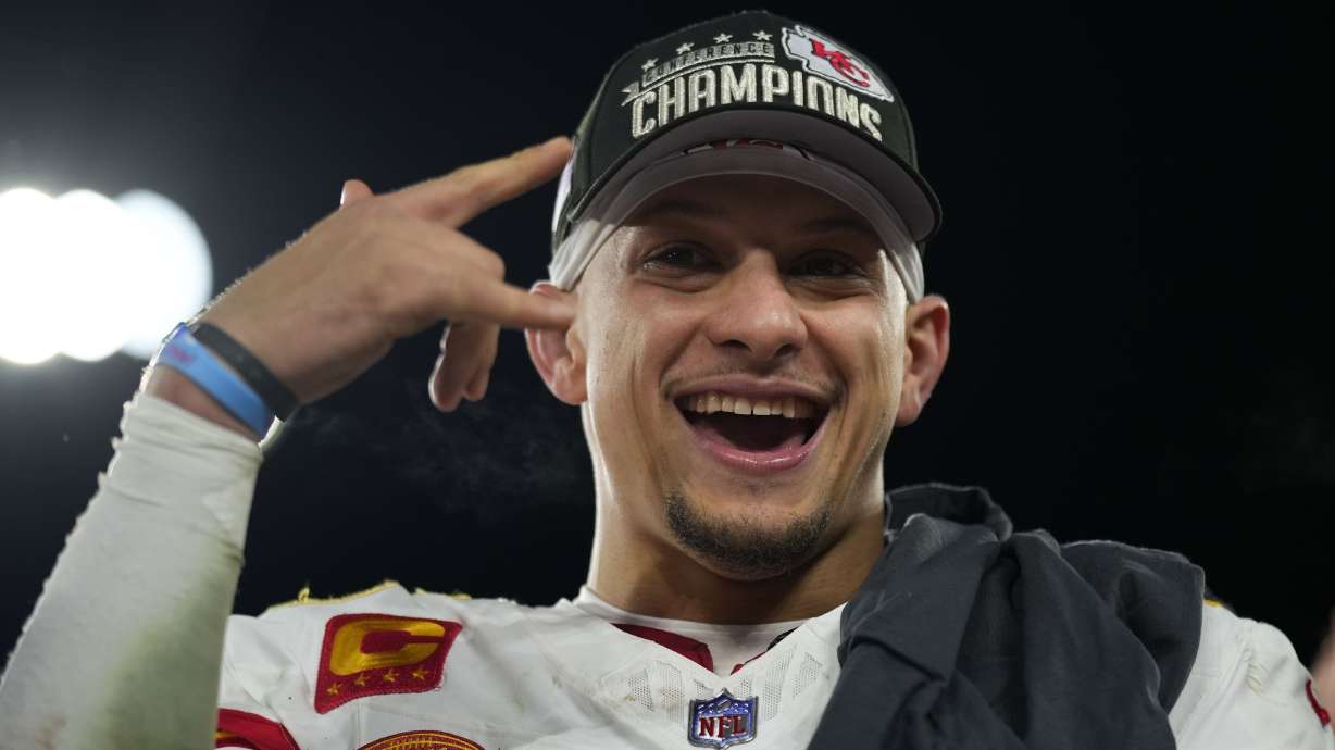 Kansas City Chiefs quarterback Patrick Mahomes (15) celebrates after the AFC Championship NFL football game against the Baltimore Ravens, Sunday, Jan. 28, 2024, in Baltimore. The Chiefs won 17-10.