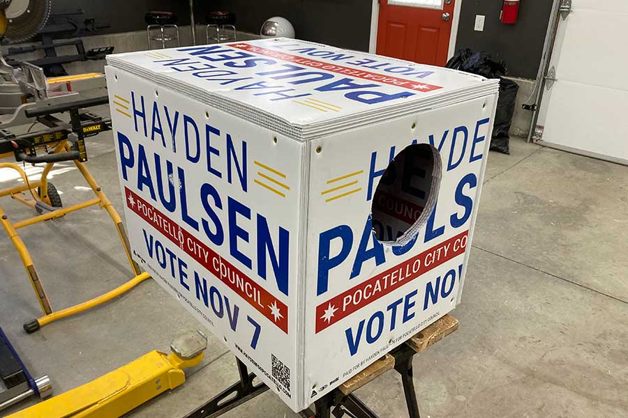 Kelly Boodry, a 63-year-old retired engineer from Pocatello, has been building cat shelters out of campaign signs for the last two years.