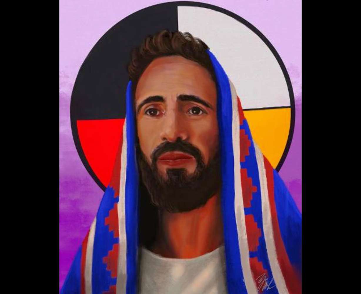 "The Savior to All Nations" by Tyrone Whitehorse is a portrait of Christ with Native American symbols of unity and authority. It will be displayed as part of the "Mosaic of Christ" art show at Writ & Vision in Provo Feb. 2-24.