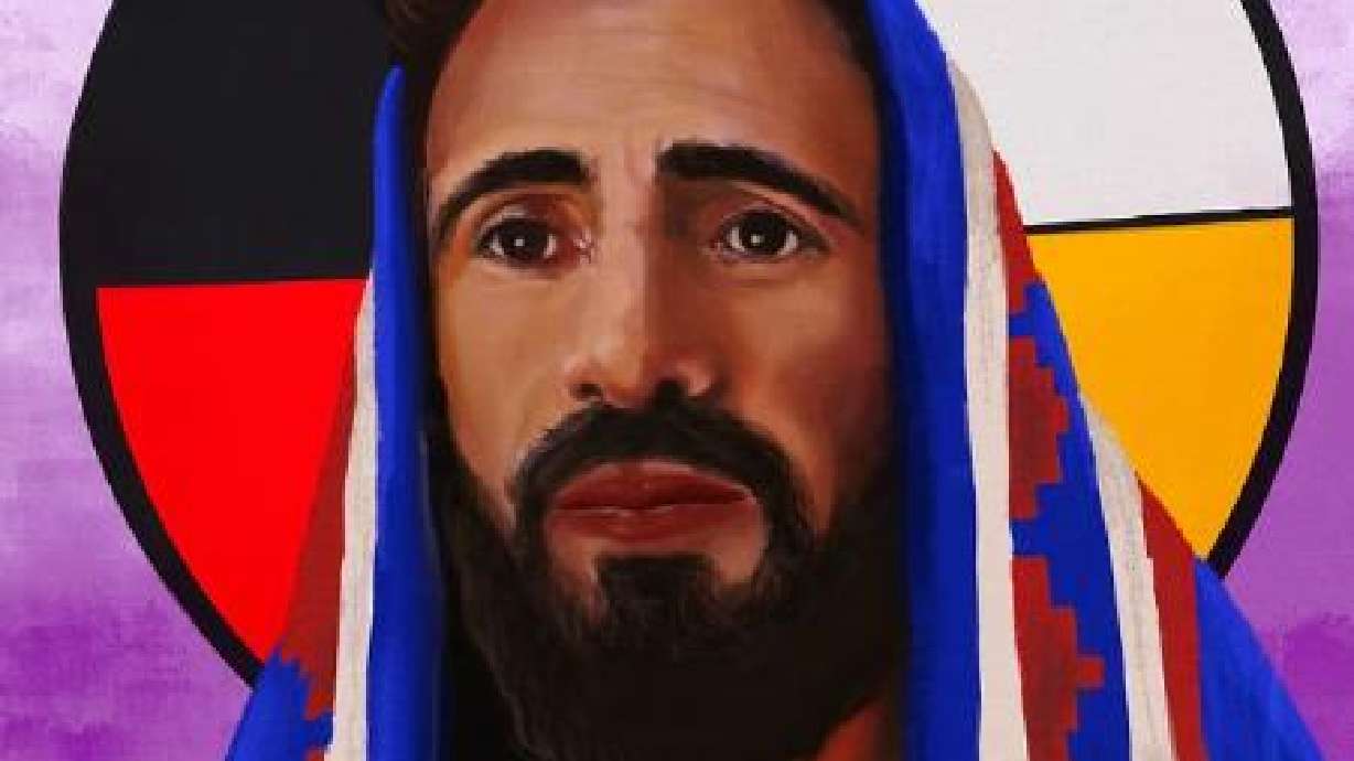 "The Savior to All Nations" by Tyrone Whitehorse is a portrait of Christ with Native American symbols of unity and authority. It will be displayed as part of the "Mosaic of Christ" art show at Writ and Vision in Provo Feb. 2-24.