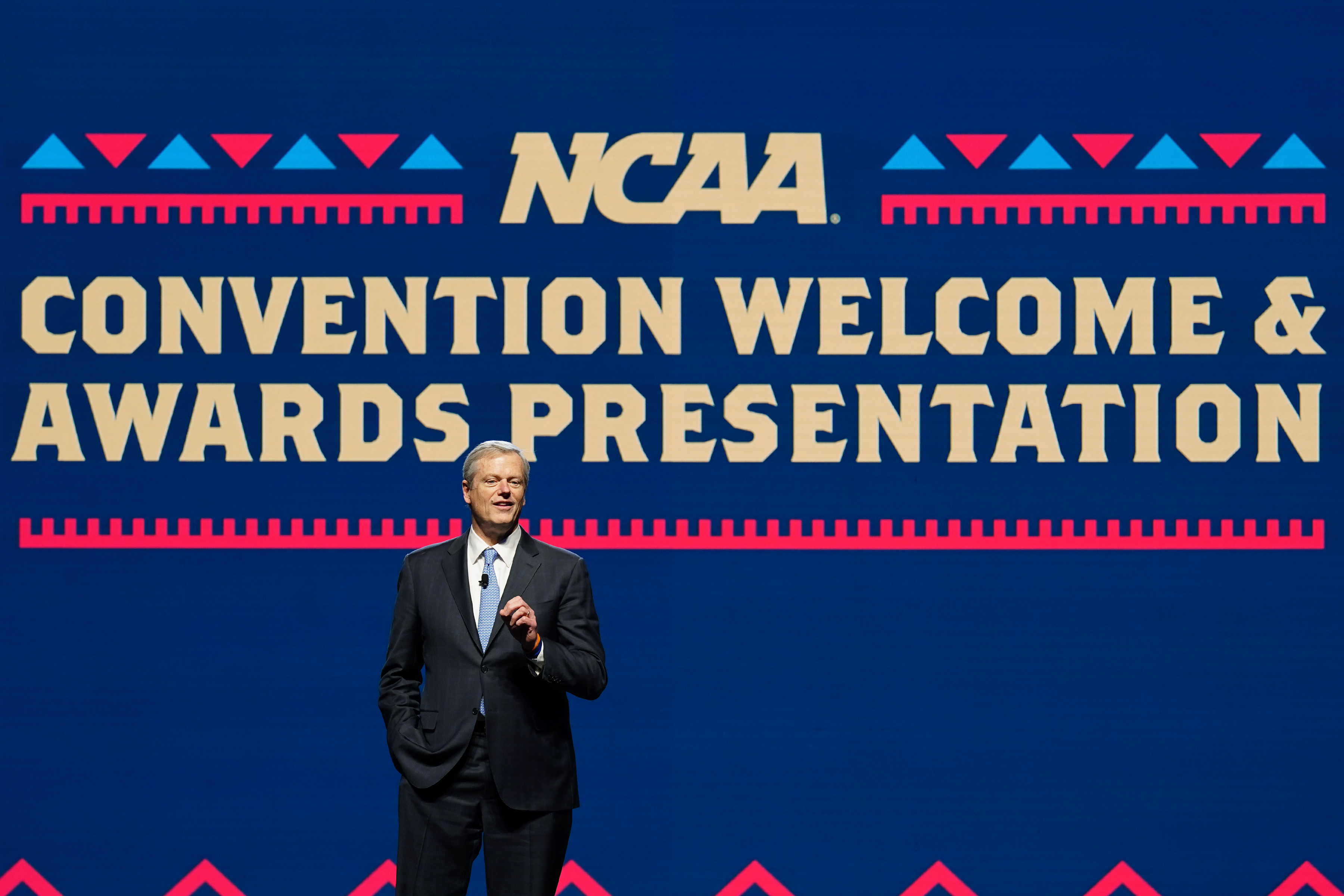 NCAA President Charlie Baker speaks at his first state of college sports address, at the association's annual convention Wednesday, Jan. 10, 2024, in Phoenix. 