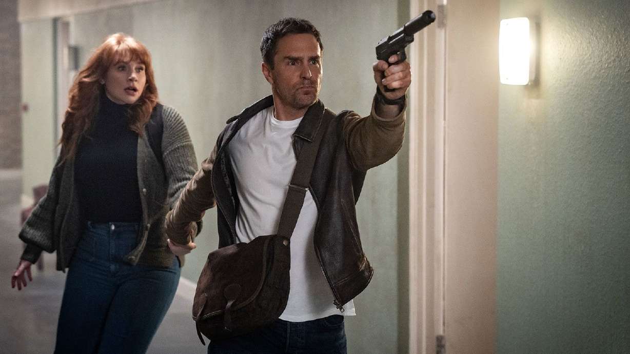 Bryce Dallas Howard and Sam Rockwell as an author and spy, respectively, in "Argylle."