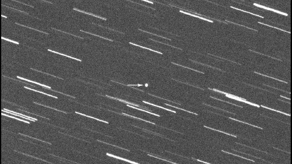 This image shows a single 180-second exposure asteroid that was approaching Earth, about 2.4 million miles away, Thursday. An asteroid as big as a skyscraper will pass within 1.7 million miles of Earth on Friday.