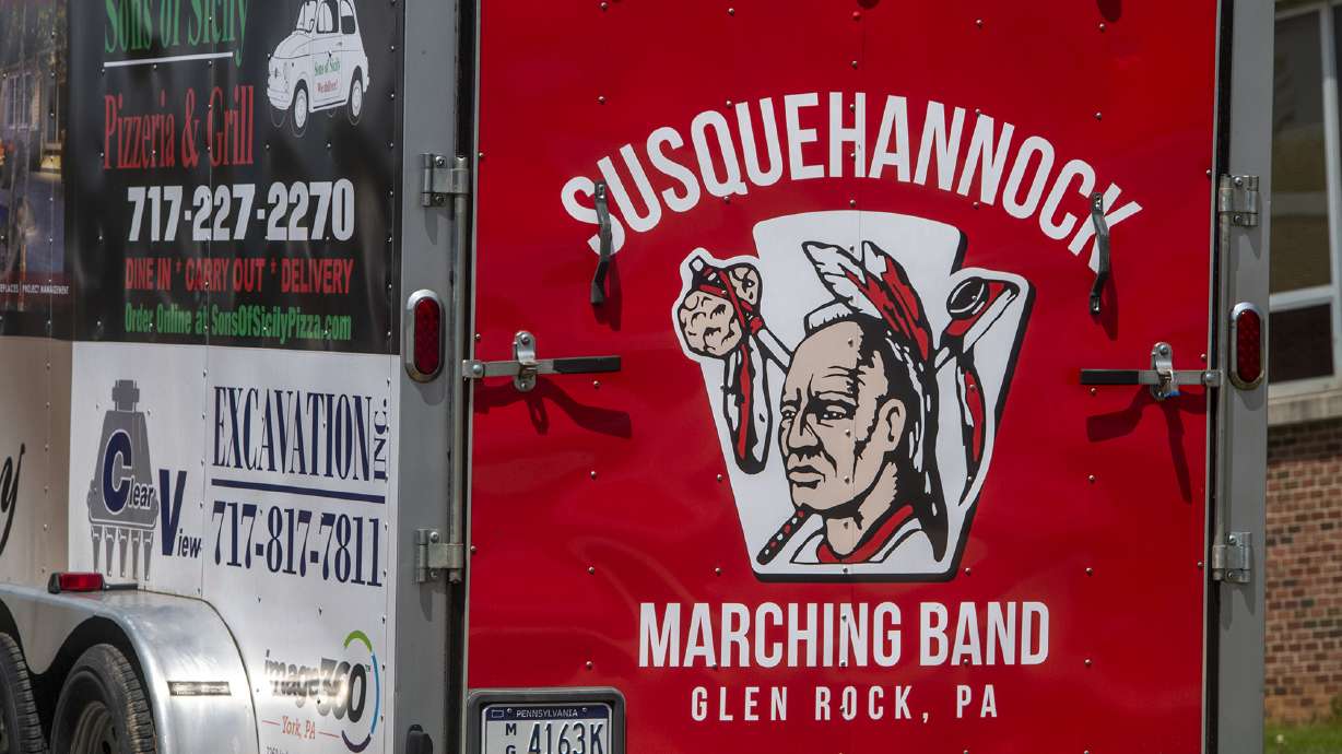 The Susquehannock Warriors logo is seen on a trailer at Susquehannock High School, April 25, 2021, in Glen Park, Pa. Pennsylvania’s Southern York County School District reinstated its mascot in January 2024, joining school districts in Massachusetts and Connecticut that reverted to mascots that many Native Americans have called offensive.