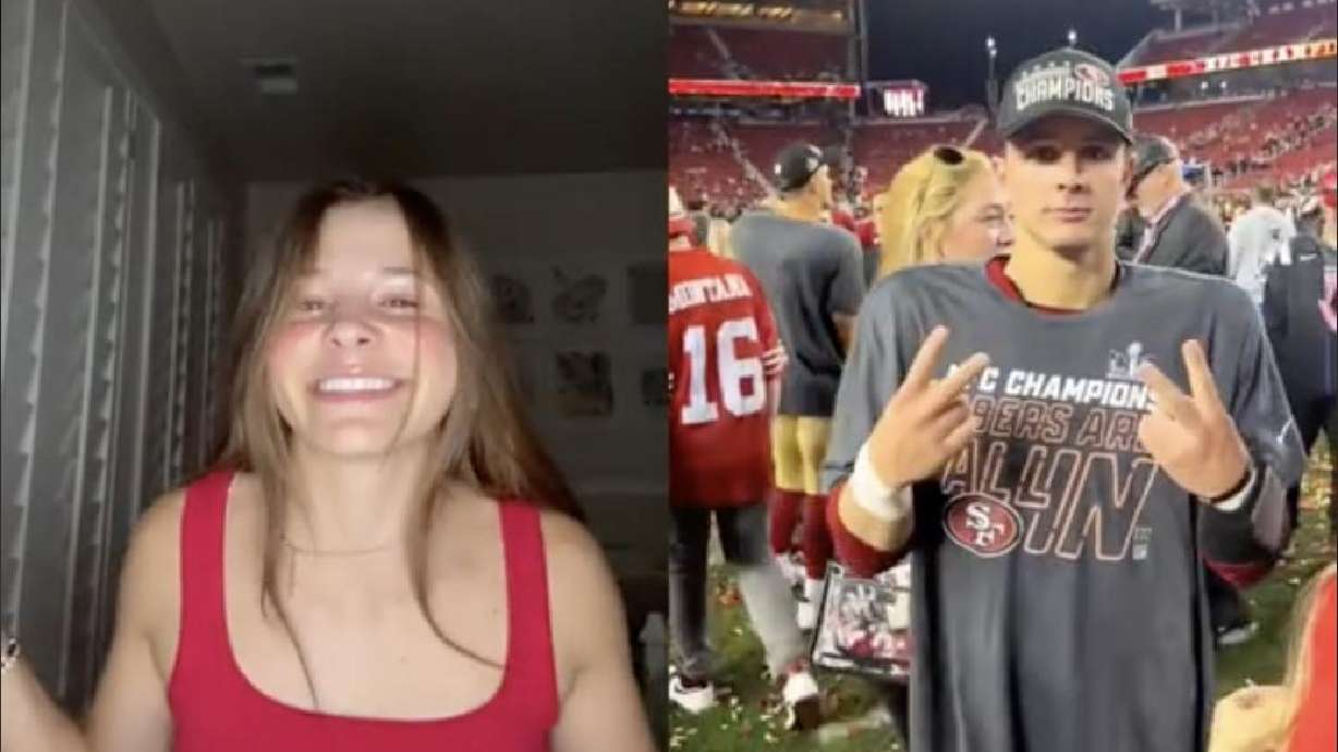 Farmington sophomore Anna Frey, left, makes a duet TikTok with 49ers quarterback Brock Purdy, right, who many say is her look-alike.
