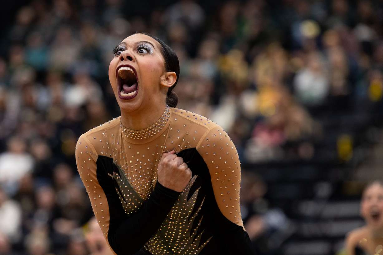 Hillcrest High School’s drill team competes during the 4A state drill team championships at the UCCU Center in Orem on Thursday, Feb. 1, 2024.
