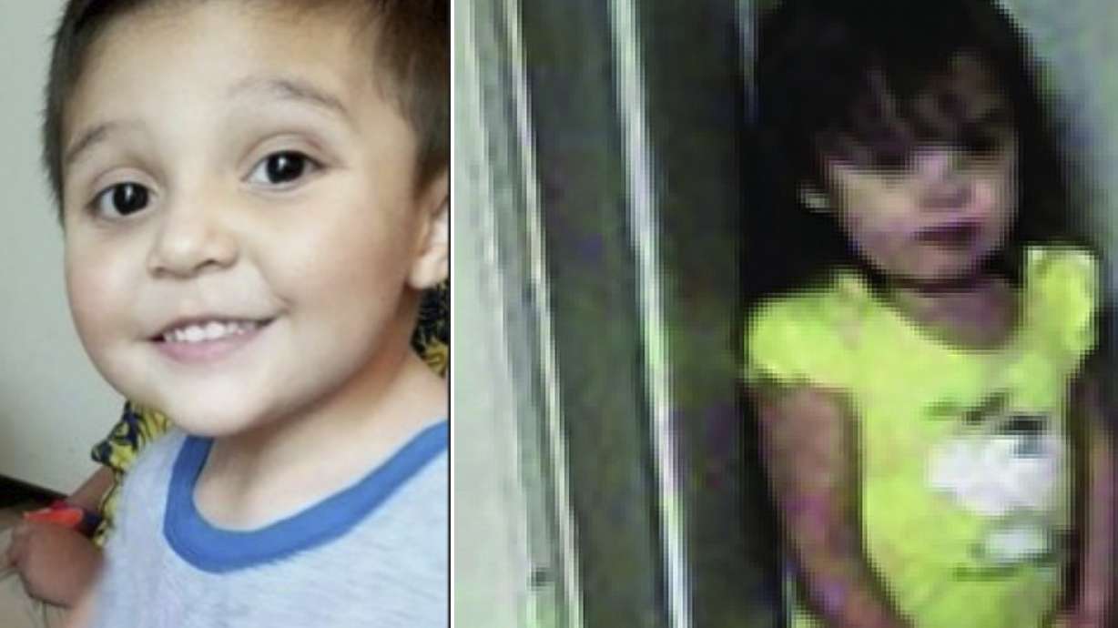 This combo of images provided by the Pueblo, Colo. Police Department, shows two children police in Pueblo, Colo., are searching for after a child’s body was found encased in concrete in a Colorado storage unit.