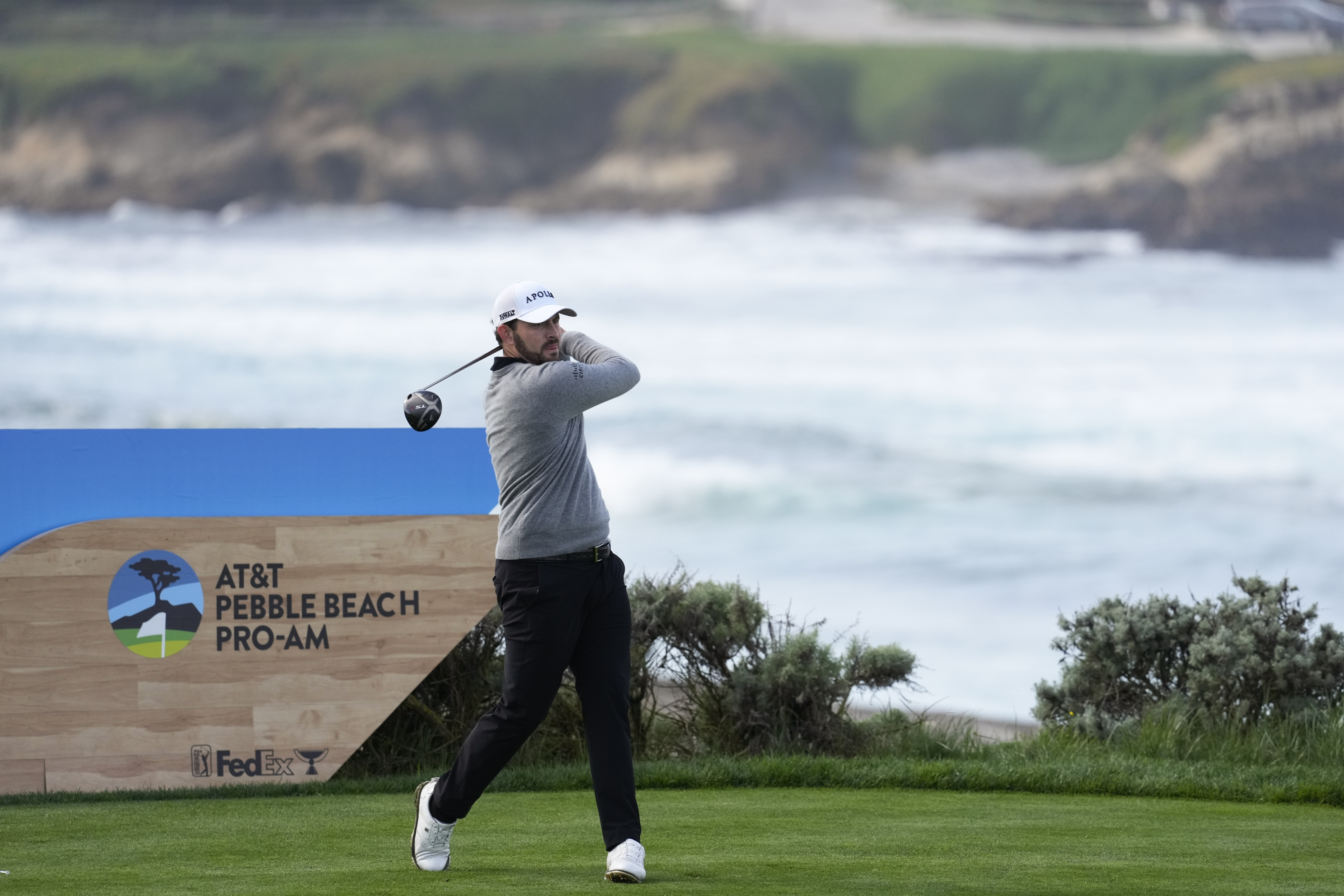 Patrick Cantlay hits from the fourth tee on the Spyglass Hill Golf Course during the first round of the AT&T Pebble Beach National Pro-Am golf tournament Thursday, Feb. 1, 2024, in Pebble Beach, Calif. 