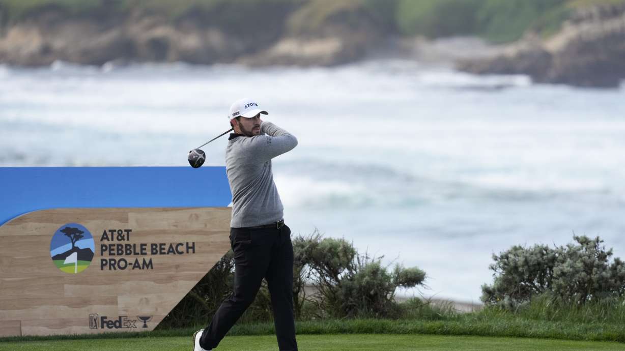 Patrick Cantlay hits from the fourth tee on the Spyglass Hill Golf Course during the first round of the AT&T Pebble Beach National Pro-Am golf tournament Thursday, Feb. 1, 2024, in Pebble Beach, Calif.