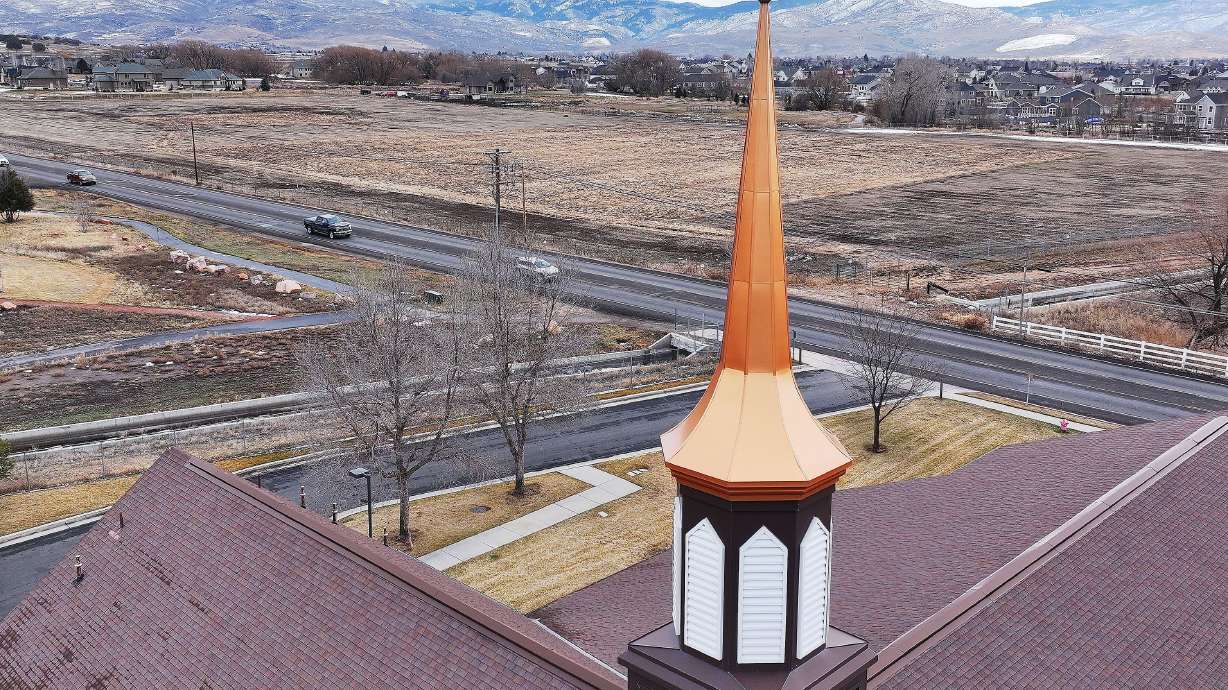 A chapel and the grounds across the street where a Latter-day Saint temple will be built in Heber City, seen on Dec. 20, 2023.