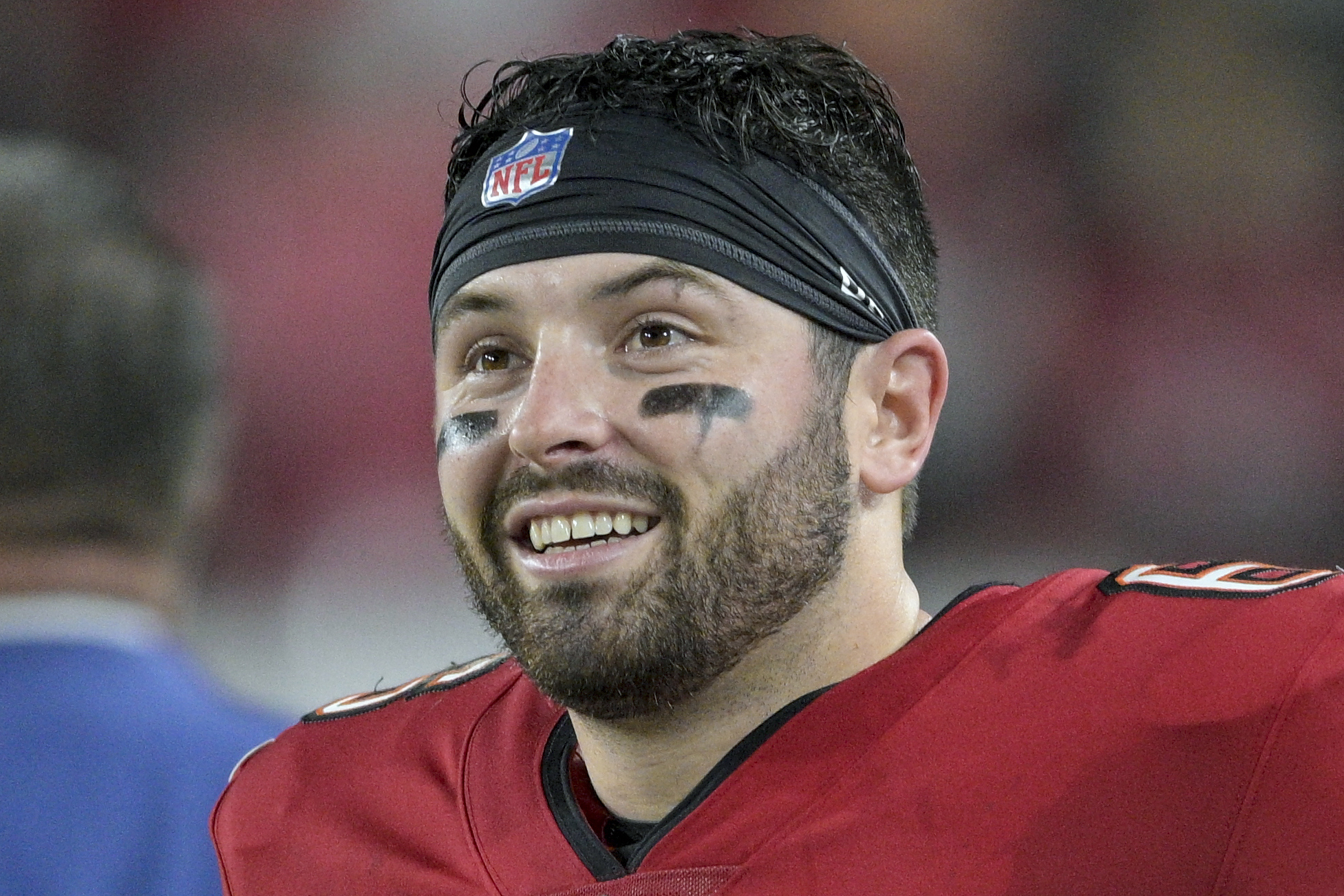FILE - Tampa Bay Buccaneers quarterback Baker Mayfield reacts during the second half of an NFL wild-card playoff football game against the Philadelphia Eagles, Monday, Jan. 15, 2024, in Tampa, Fla. The Buccaneers won 32-9. Mayfield is a finalist for The Associated Press 2023 Comeback Player of the Year.