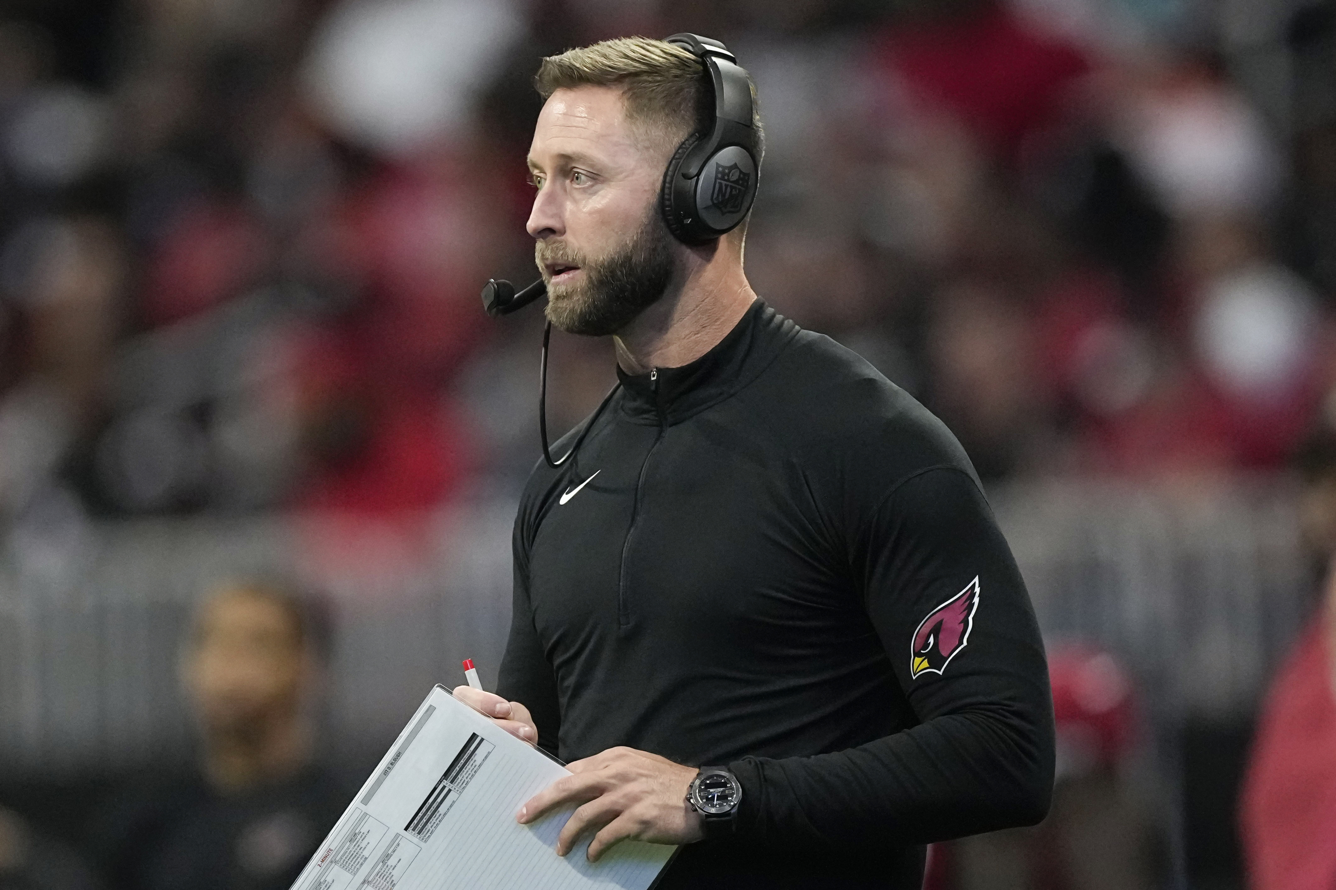 FILE - Arizona Cardinals head coach Kliff Kingsbury watches play against the Atlanta Falcons during the first half of an NFL football game, Jan. 1, 2023, in Atlanta. The Las Vegas Raiders are hiring former Cardinals coach Kingsbury to be their offensive coordinator, a person informed of the decision told The Associated Press on Thursday, Feb. 1, 2024. 