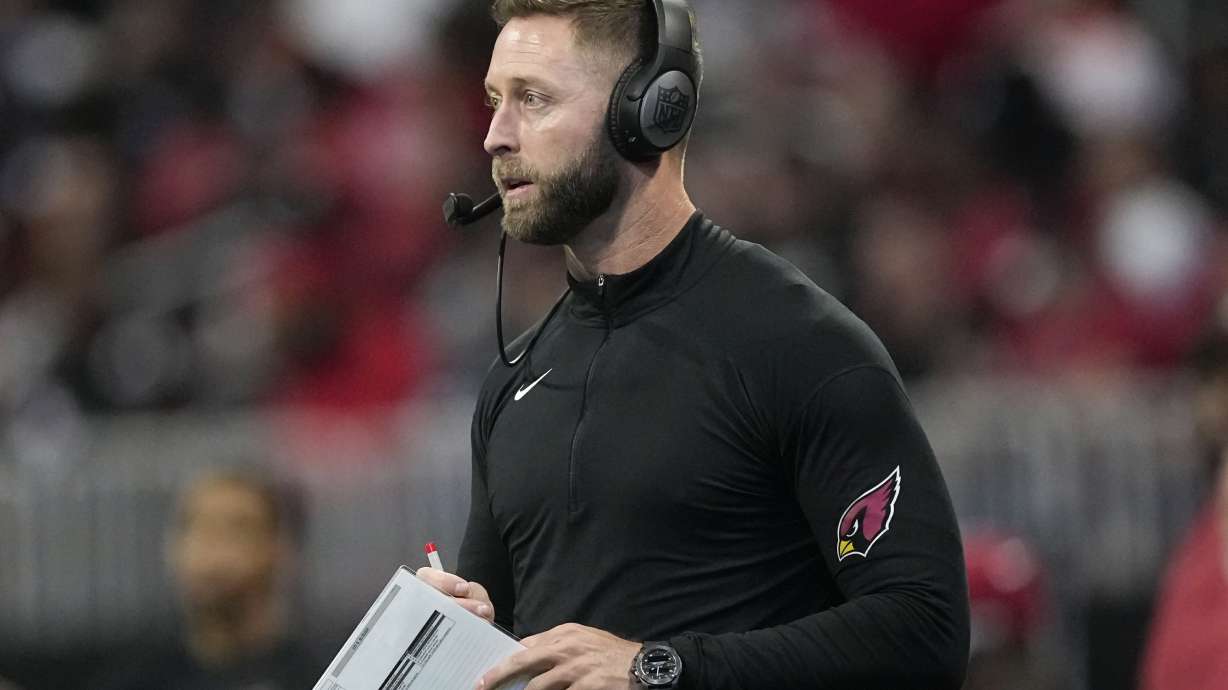 FILE - Arizona Cardinals head coach Kliff Kingsbury watches play against the Atlanta Falcons during the first half of an NFL football game, Jan. 1, 2023, in Atlanta. The Las Vegas Raiders are hiring former Cardinals coach Kingsbury to be their offensive coordinator, a person informed of the decision told The Associated Press on Thursday, Feb. 1, 2024.