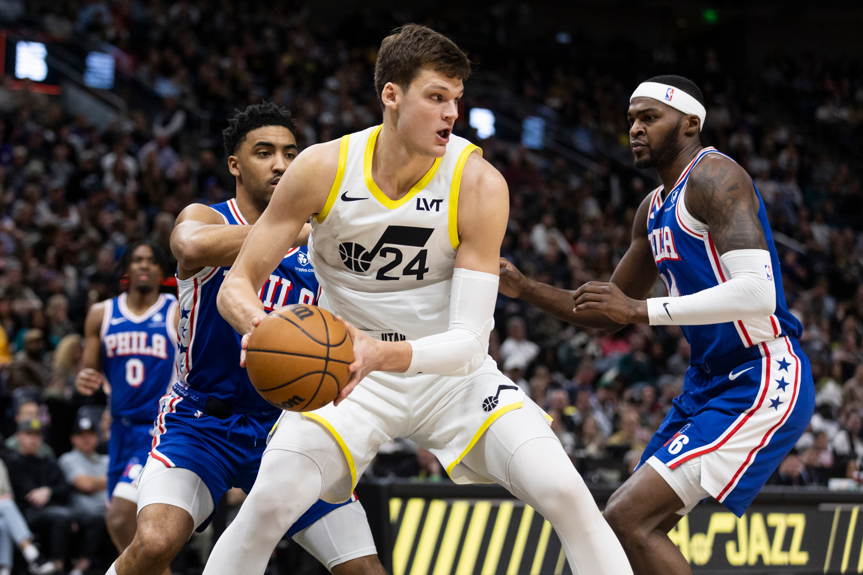 Utah Jazz center Walker Kessler (24) handles the ball during an NBA game at the Delta Center in Salt Lake City on Thursday, Feb. 1, 2024. Philadelphia won 127-124.