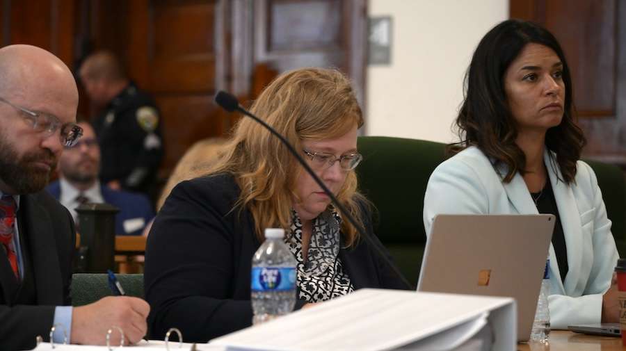 Rob Wood, left, Rachel Smith, center, and Lindsey Blake, right, during Lori Vallow Daybell’s sentencing in July 2023 in St. Anthony, Idaho.